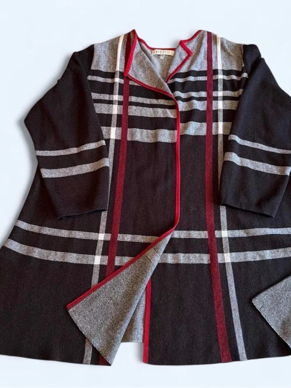 Women’s 2X cardigan by KASPER. Black/red/gray spacious plaid, cotton blend.